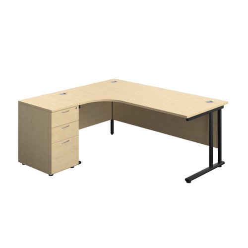 Twin Upright Left Hand Radial Desk + Desk High 3 Drawer Pedestal (FSC) 1800X1200 600mm Deep Pedestal Maple/Black