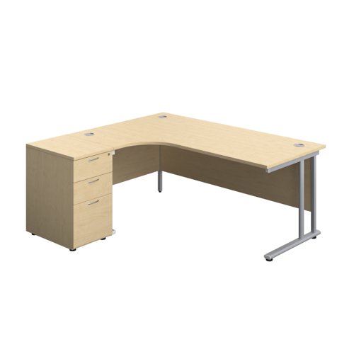 Twin Upright Left Hand Radial Desk + Desk High 3 Drawer Pedestal (FSC) 1800X1200 600mm Deep Pedestal Maple/Silver