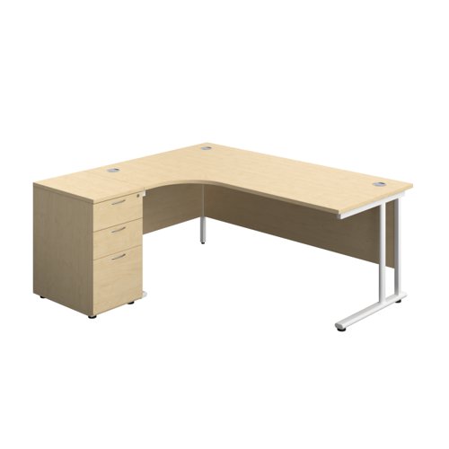 Twin Upright Left Hand Radial Desk + Desk High 3 Drawer Pedestal (FSC) 1800X1200 600mm Deep Pedestal Maple/White