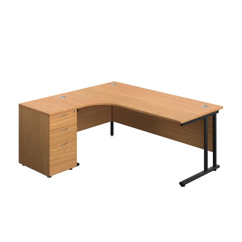 Twin Upright Left Hand Radial Desk + Desk High 3 Drawer Pedestal (FSC) 1800X1200 600mm Deep Pedestal Nova Oak/Black