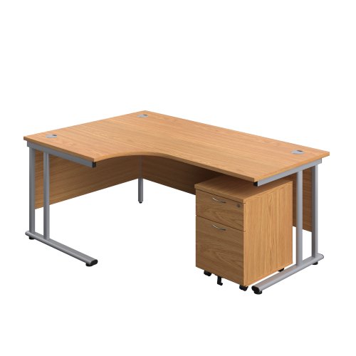 Twin Upright Left Hand Radial Desk + Mobile 2 Drawer Pedestal (FSC) 1800X1200 Nova Oak/Silver