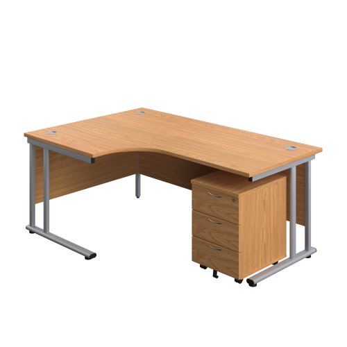 Twin Upright Left Hand Radial Desk + Mobile 3 Drawer Pedestal (FSC) 1800X1200 Nova Oak/Silver