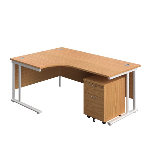 Twin Upright Left Hand Radial Desk + Mobile 2 Drawer Pedestal (FSC) 1800X1200 Nova Oak/White