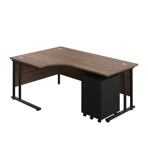 Twin Upright Left Hand Radial Desk + Under Desk Steel Pedestal 3 Drawers (FSC) 1800X1200 Dark Walnut/Black
