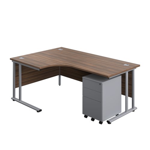 Twin Upright Left Hand Radial Desk + Under Desk Steel Pedestal 3 Drawers (FSC) 1800X1200 Dark Walnut/Silver