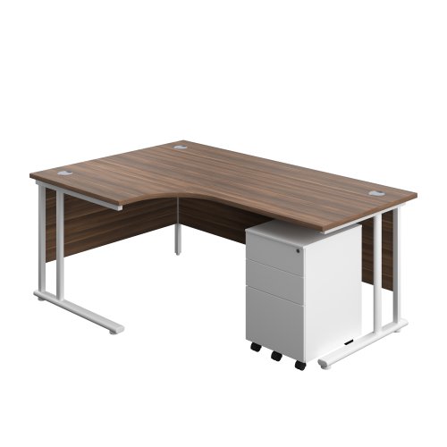 Twin Upright Left Hand Radial Desk + Under Desk Steel Pedestal 3 Drawers (FSC) 1800X1200 Dark Walnut/White