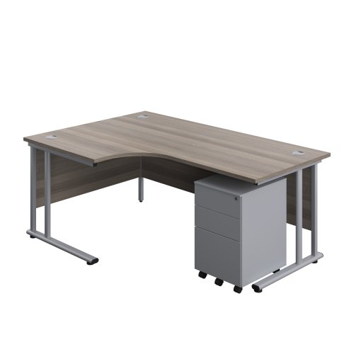 Twin Upright Left Hand Radial Desk + Under Desk Steel Pedestal 3 Drawers (FSC) 1800X1200 Grey Oak/Silver
