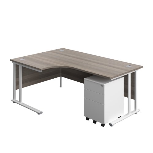 Twin Upright Left Hand Radial Desk + Under Desk Steel Pedestal 3 Drawers (FSC) 1800X1200 Grey Oak/White