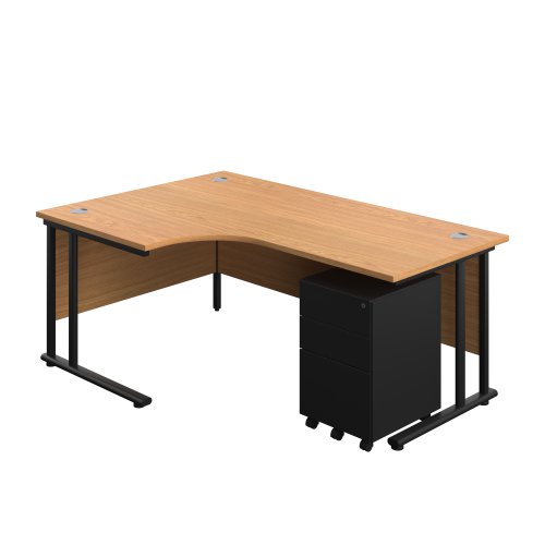 Twin Upright Left Hand Radial Desk + Under Desk Steel Pedestal 3 Drawers (FSC) 1800X1200 Nova Oak/Black