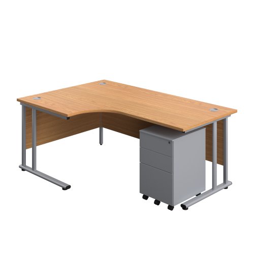 Twin Upright Left Hand Radial Desk + Under Desk Steel Pedestal 3 Drawers (FSC) 1800X1200 Nova Oak/Silver