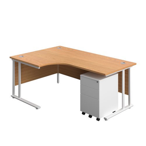 Twin Upright Left Hand Radial Desk + Under Desk Steel Pedestal 3 Drawers (FSC) 1800X1200 Nova Oak/White