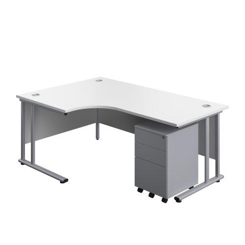 Twin Upright Left Hand Radial Desk + Under Desk Steel Pedestal 3 Drawers (FSC) 1800X1200 White/Silver