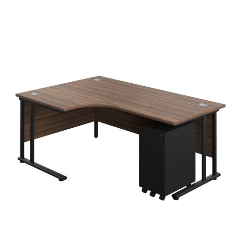 Twin Upright Left Hand Radial Desk + Slimline Steel Pedestal 3 Drawers (FSC) 1800X1200 Dark Walnut/Black