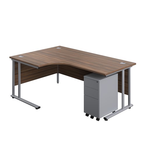 Twin Upright Left Hand Radial Desk + Slimline Steel Pedestal 3 Drawers (FSC) 1800X1200 Dark Walnut/Silver