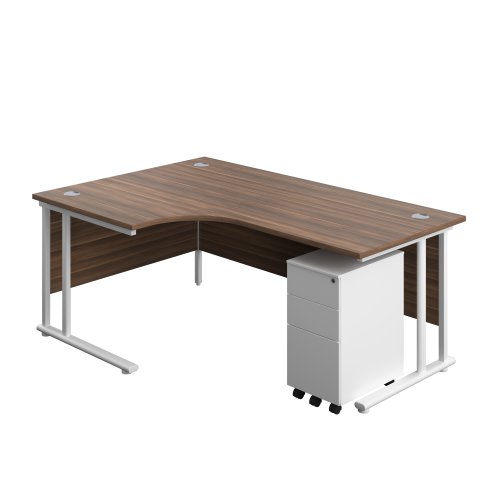 Twin Upright Left Hand Radial Desk + Slimline Steel Pedestal 3 Drawers (FSC) 1800X1200 Dark Walnut/White
