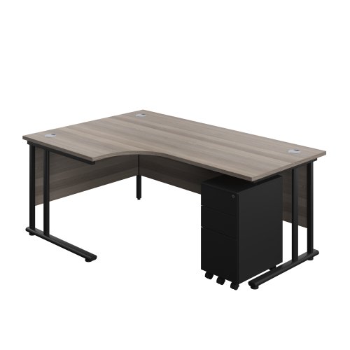 Twin Upright Left Hand Radial Desk + Slimline Steel Pedestal 3 Drawers (FSC) 1800X1200 Grey Oak/Black