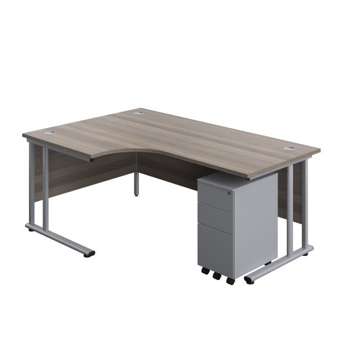 Twin Upright Left Hand Radial Desk + Slimline Steel Pedestal 3 Drawers (FSC) 1800X1200 Grey Oak/Silver