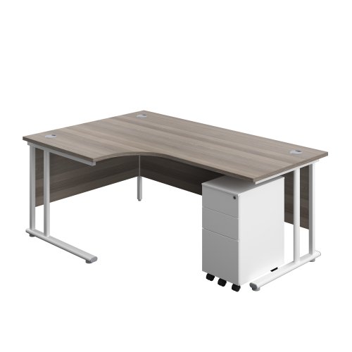 Twin Upright Left Hand Radial Desk + Slimline Steel Pedestal 3 Drawers (FSC) 1800X1200 Grey Oak/White