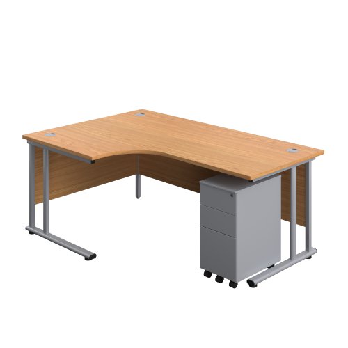 Twin Upright Left Hand Radial Desk + Slimline Steel Pedestal 3 Drawers (FSC) 1800X1200 Nova Oak/Silver