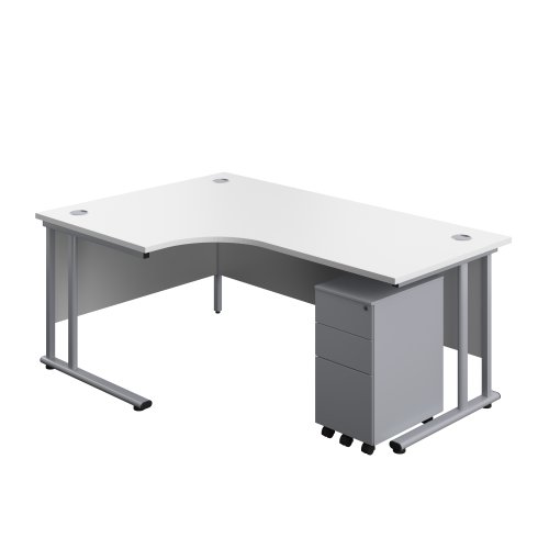 Twin Upright Left Hand Radial Desk + Slimline Steel Pedestal 3 Drawers (FSC) 1800X1200 White/Silver