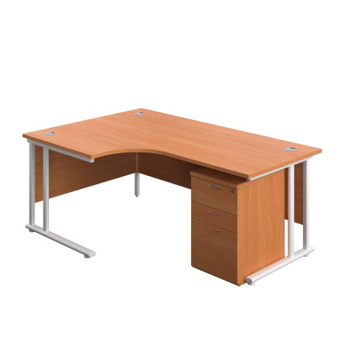Twin Upright Left Hand Radial Desk + High Mobile Pedestal 3 Drawer 1800X1200 Beech/White