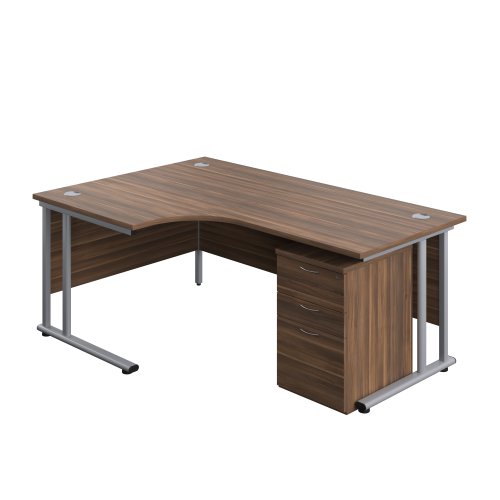 Twin Upright Left Hand Radial Desk + High Mobile Pedestal 3 Drawer 1800X1200 Dark Walnut/Silver