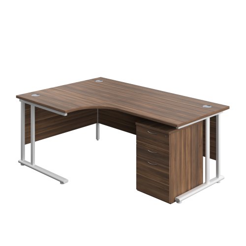 Twin Upright Left Hand Radial Desk + High Mobile Pedestal 3 Drawer (FSC) 1800X1200 Dark Walnut/White