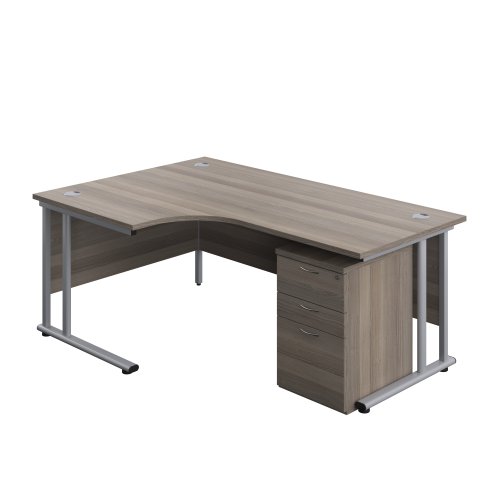 Twin Upright Left Hand Radial Desk + High Mobile Pedestal 3 Drawer (FSC) 1800X1200 Grey Oak/Silver