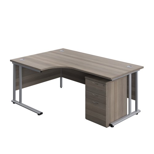 Twin Upright Left Hand Radial Desk + High Mobile Pedestal 3 Drawer 1800X1200 Grey Oak/Silver