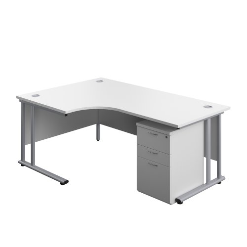Twin Upright Left Hand Radial Desk + High Mobile Pedestal 3 Drawer (FSC) 1800X1200 White/Silver