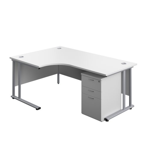 Twin Upright Left Hand Radial Desk + High Mobile Pedestal 3 Drawer 1800X1200 White/Silver