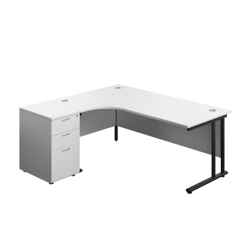 Twin Upright Left Hand Radial Desk + Desk High 3 Drawer Pedestal 1800X1200 600mm Deep Pedestal White/Black