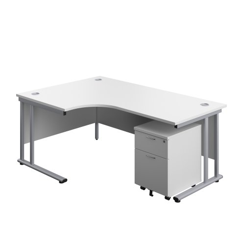Twin Upright Left Hand Radial Desk + Mobile 2 Drawer Pedestal (FSC) 1800X1200 White/Silver