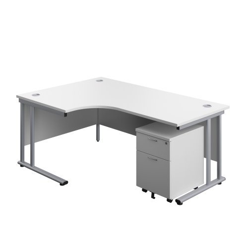 Twin Upright Left Hand Radial Desk + Mobile 2 Drawer Pedestal 1800X1200 White/Silver