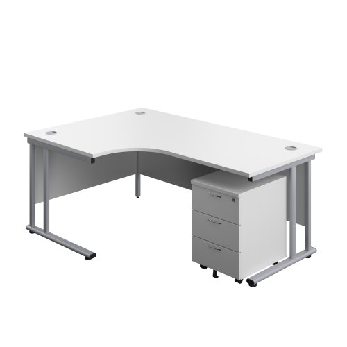 Twin Upright Left Hand Radial Desk + Mobile 3 Drawer Pedestal (FSC) 1800X1200 White/Silver