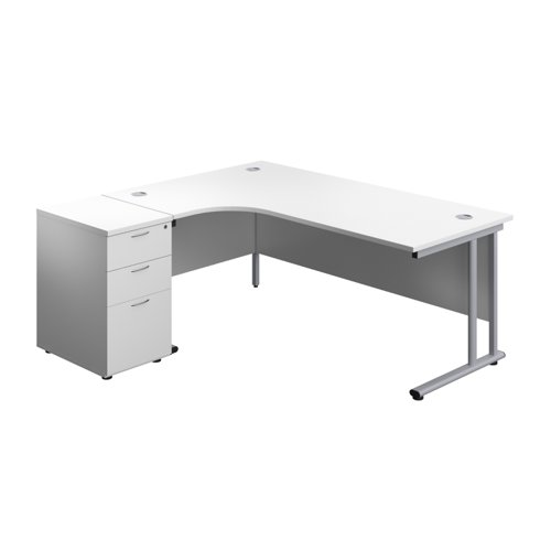 Twin Upright Left Hand Radial Desk + Desk High 3 Drawer Pedestal 1800X1200 600mm Deep Pedestal White/Silver