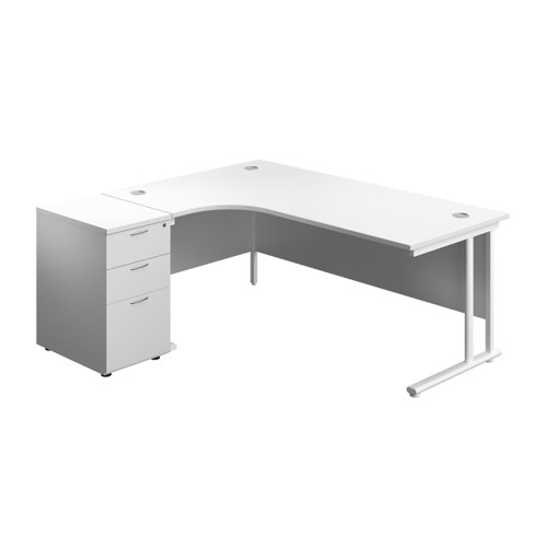 Twin Upright Left Hand Radial Desk + Desk High 3 Drawer Pedestal 1800X1200 600mm Deep Pedestal White/White