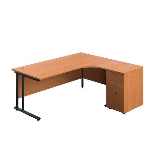 Twin Upright Right Hand Radial Desk + Desk High 3 Drawer Pedestal 1800X1200 600mm Deep Pedestal Beech/Black