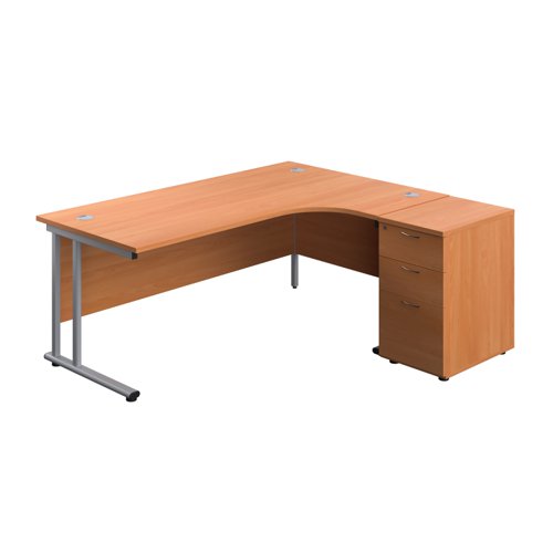 Twin Upright Right Hand Radial Desk + Desk High 3 Drawer Pedestal 1800X1200 600mm Deep Pedestal Beech/Silver