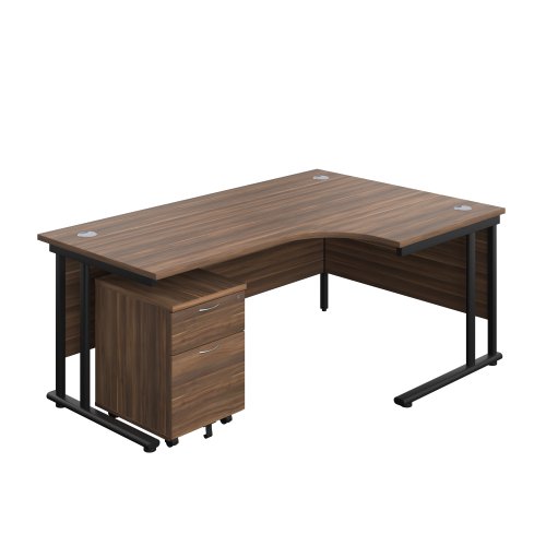 Twin Upright Right Hand Radial Desk + Mobile 2 Drawer Pedestal (FSC) 1800X1200 Dark Walnut/Black