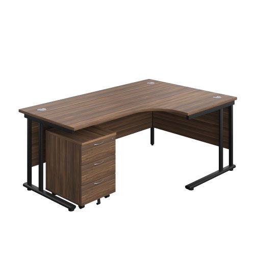 Twin Upright Right Hand Radial Desk + Mobile 3 Drawer Pedestal (FSC) 1800X1200 Dark Walnut/Black