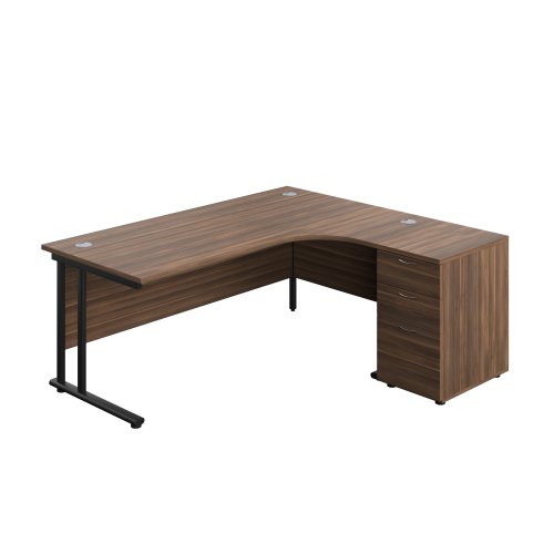 Twin Upright Right Hand Radial Desk + Desk High 3 Drawer Pedestal 1800X1200 600mm Deep Pedestal Dark Walnut/Black
