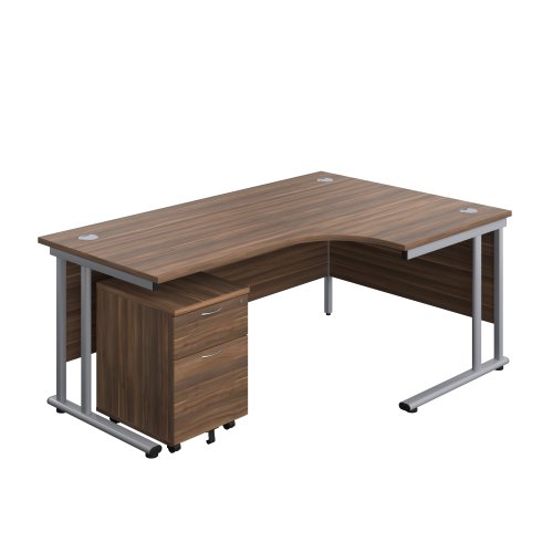 Twin Upright Right Hand Radial Desk + Mobile 2 Drawer Pedestal (FSC) 1800X1200 Dark Walnut/Silver