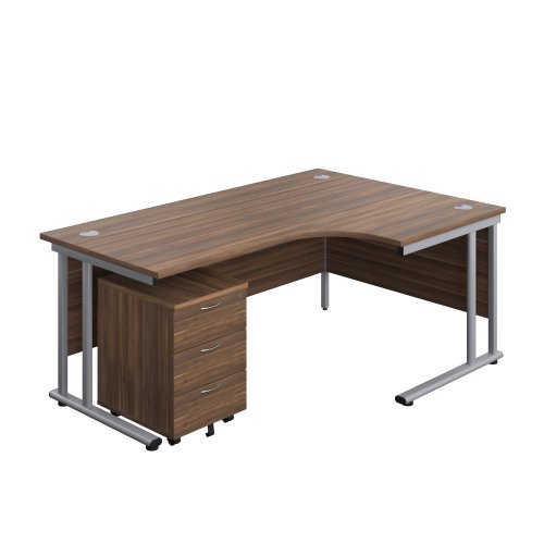 Twin Upright Right Hand Radial Desk + Mobile 3 Drawer Pedestal (FSC) 1800X1200 Dark Walnut/Silver