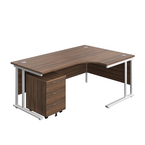Twin Upright Right Hand Radial Desk + Mobile 3 Drawer Pedestal (FSC) 1800X1200 Dark Walnut/White