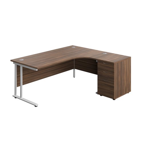 Twin Upright Right Hand Radial Desk + Desk High 3 Drawer Pedestal (FSC) 1800X1200 600mm Deep Pedestal Dark Walnut/White