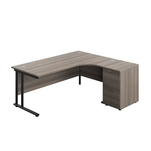 Twin Upright Right Hand Radial Desk + Desk High 3 Drawer Pedestal (FSC) 1800X1200 600mm Deep Pedestal Grey Oak/Black