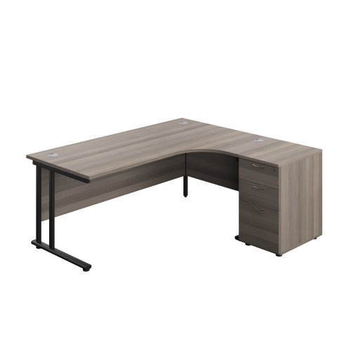 Twin Upright Right Hand Radial Desk + Desk High 3 Drawer Pedestal 1800X1200 600mm Deep Pedestal Grey Oak/Black