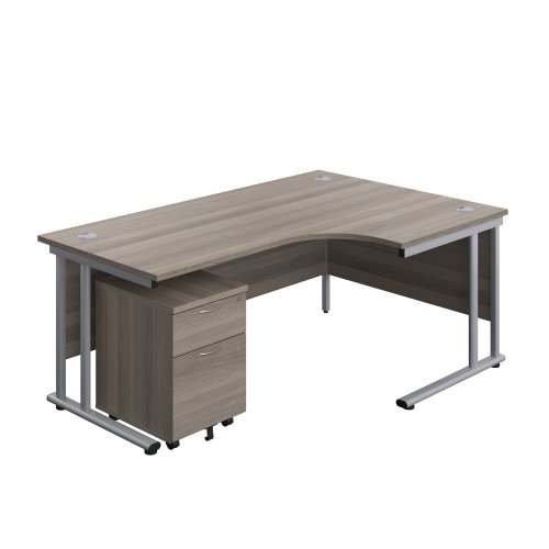 Twin Upright Right Hand Radial Desk + Mobile 2 Drawer Pedestal 1800X1200 Grey Oak/Silver