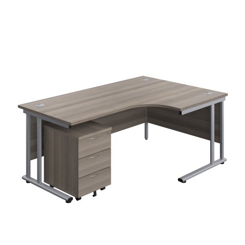 Twin Upright Right Hand Radial Desk + Mobile 3 Drawer Pedestal 1800X1200 Grey Oak/Silver